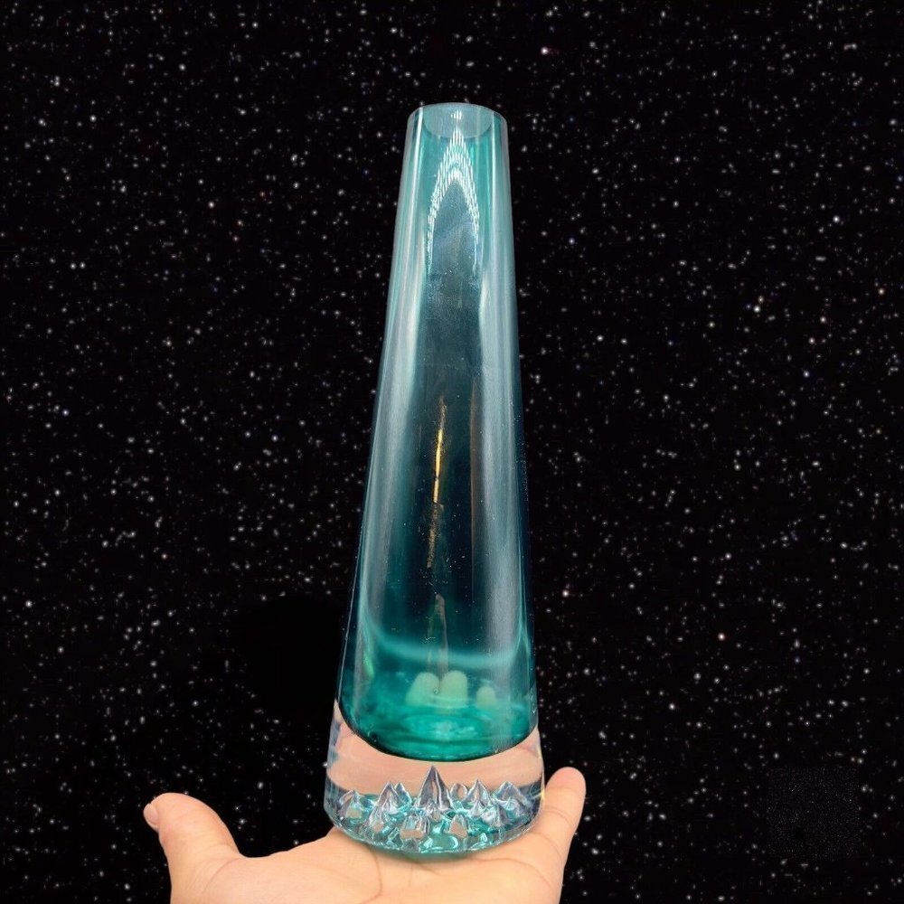 Swedish Retro 1960s Art Glass Vase Hand Made Tapered Teal Blue Clear Bubbles 10”